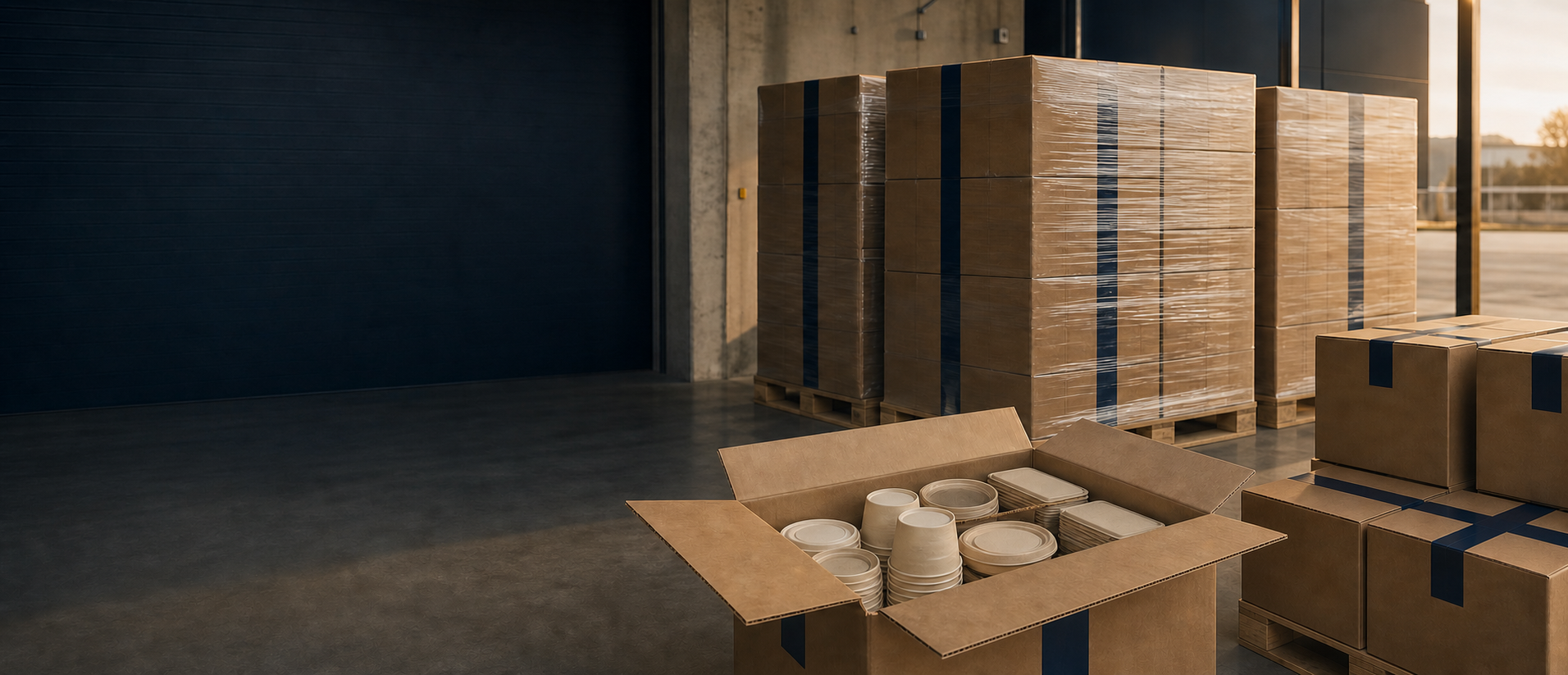 Export-ready foodservice packaging cartons prepared in a loading bay
