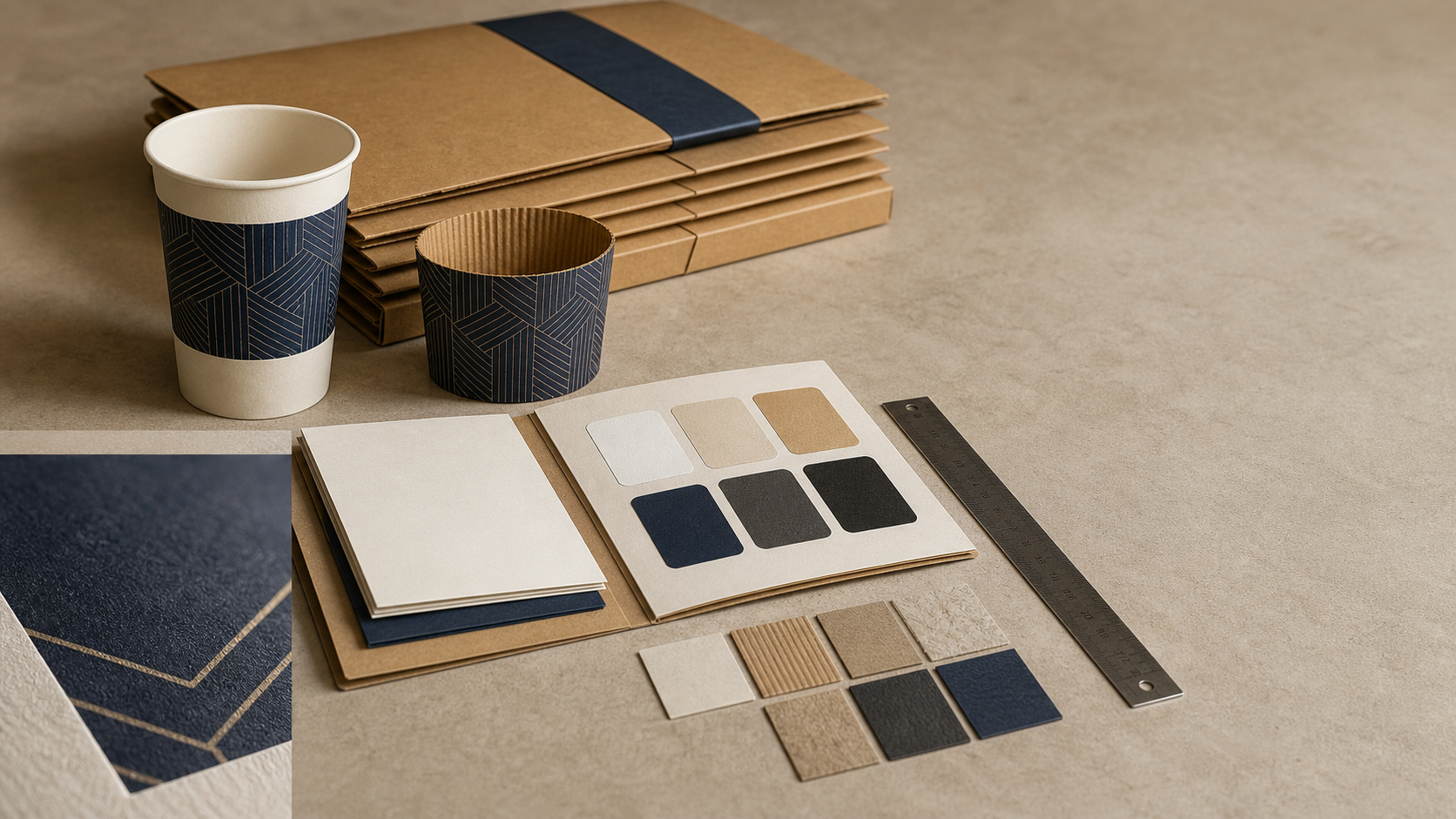Coordinated custom paper cup, sleeve, cartons and material samples for a private-label packaging system