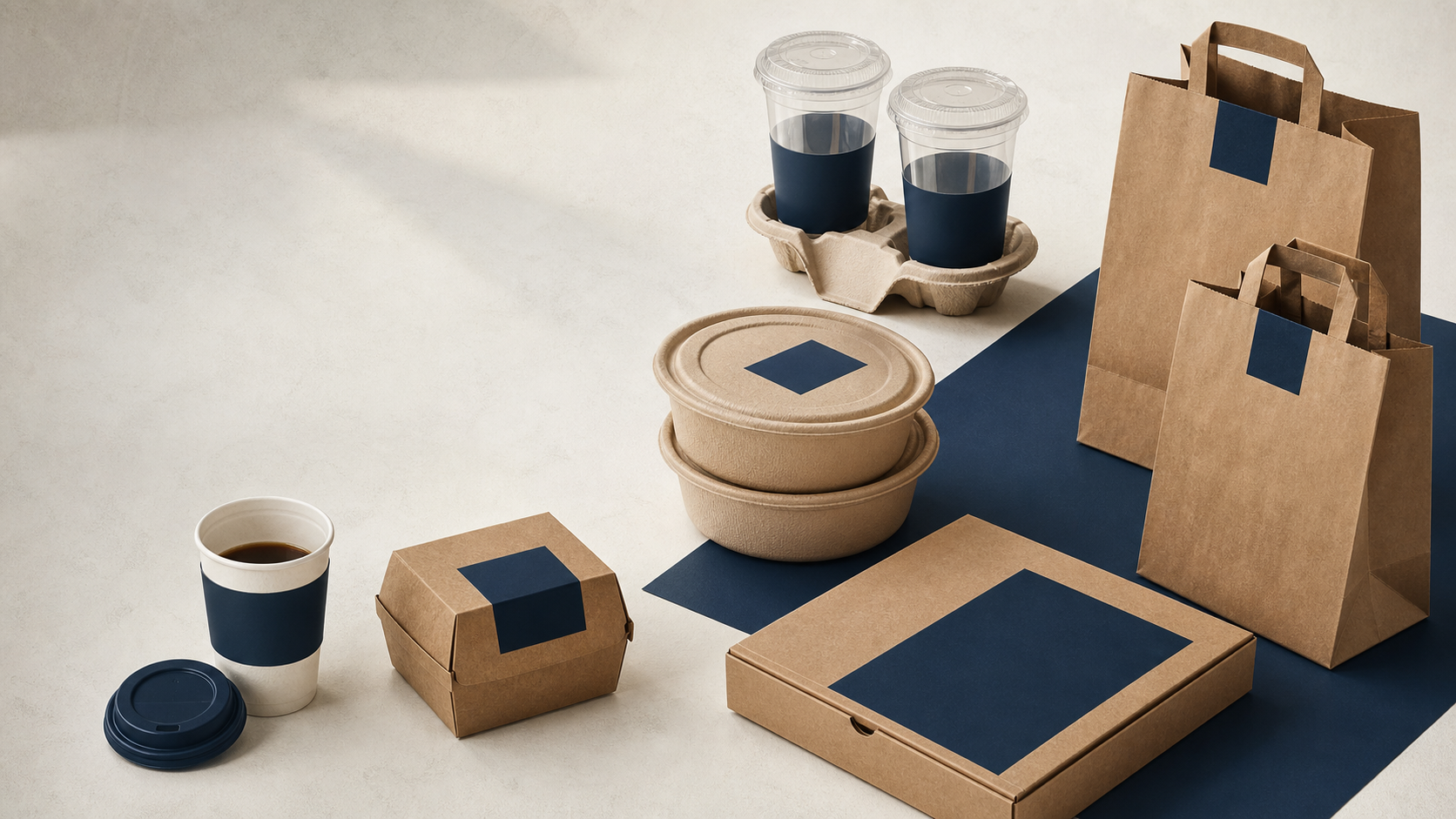 Paper cups, molded pulp containers, food boxes and carry bags arranged as a coordinated packaging assortment