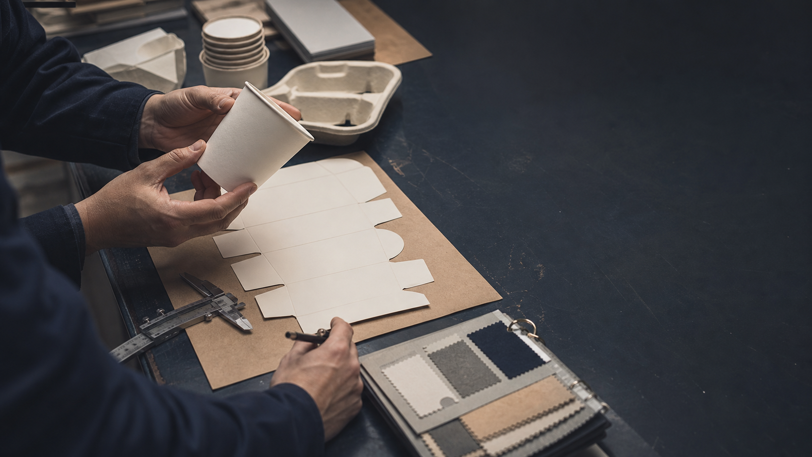 Packaging specialist checking a paper cup sample, dieline and material swatches at a workbench